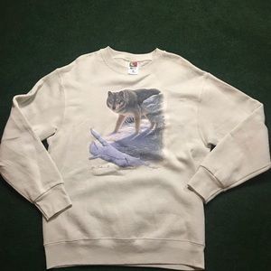 Vintage Fruit of the Loom Crewneck Sweater Tan Size M Wolves Outdoor Scene